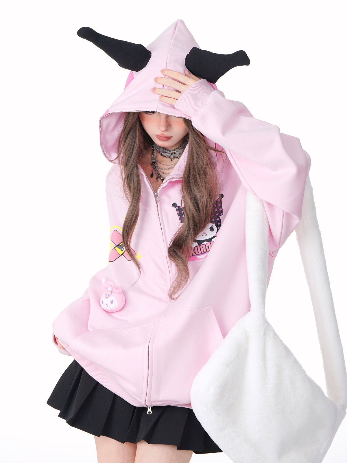 Young Eyes Purple Devil Cartoon Black Pink Alien Ears Oversize Hoodie