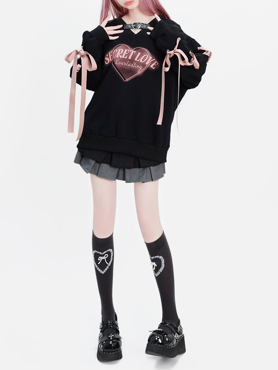 V-Neck Ribbon Secret Love Autumn Black Sweatshirt