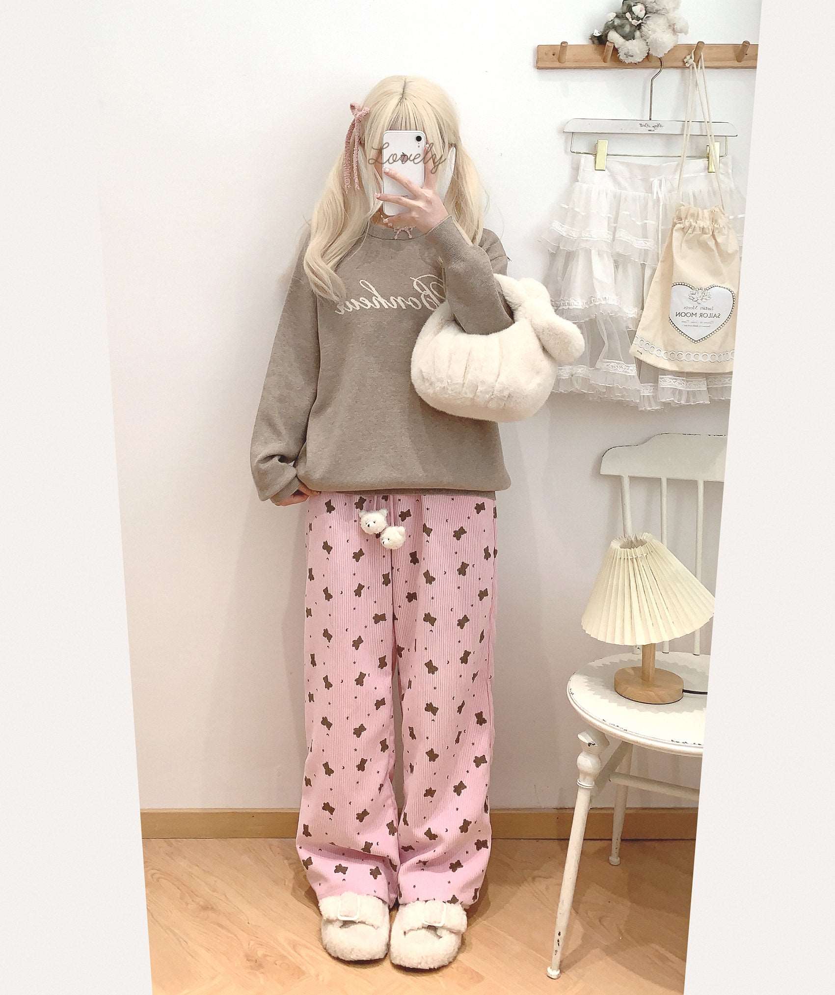 Dormir Doll Bear Cookie Print Corduroy Beige Pink Elastic Waist Pants