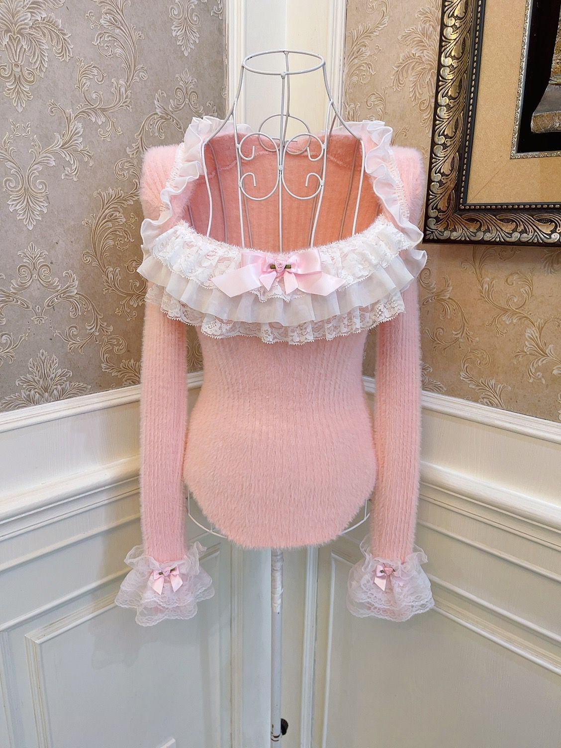 Sweetheart Princess Winter Elegant Lace Rose Bow Fuzzy Knit Pink & Blue Sweater Top