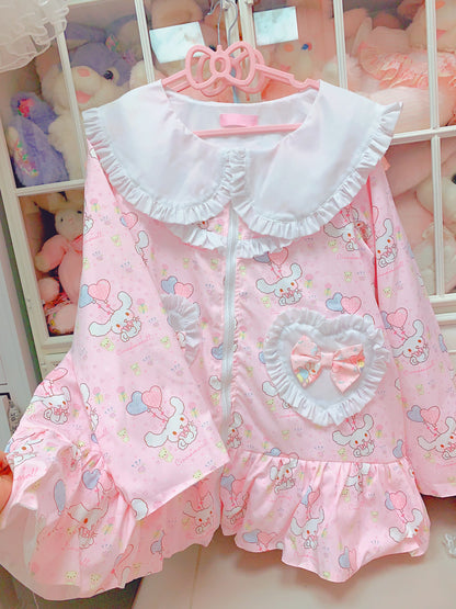 Candy Fairy Cinnamon Dog Cartoon Pink Lace Ruffled Oversize Pajamas Top