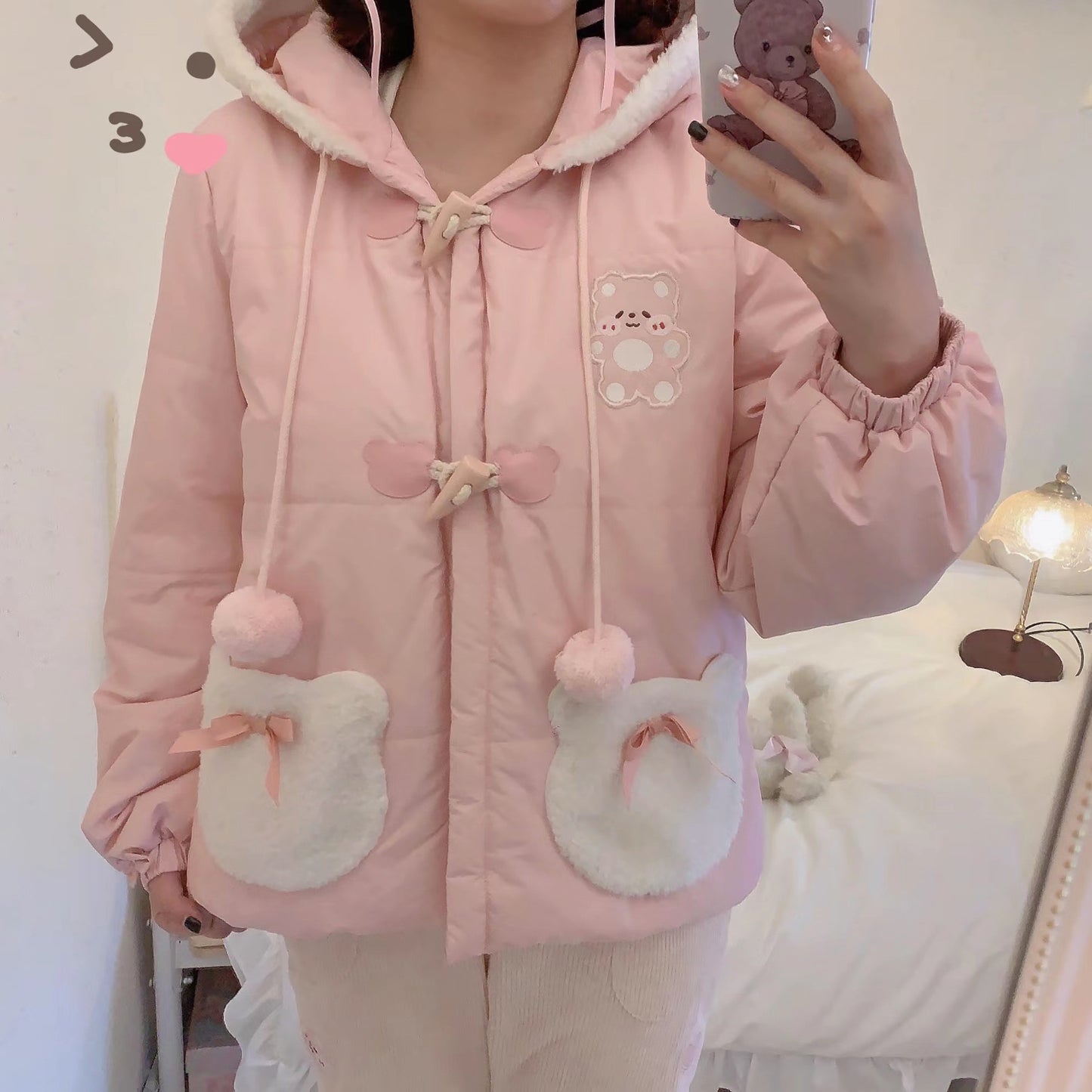 EGL Cute Bear Cream Pink Bear Winter Jacket