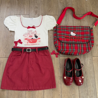 Serendipity Summer Lucky Rabbit Puff Sleeve Shirt & Red Mini Skirt Two Piece Set