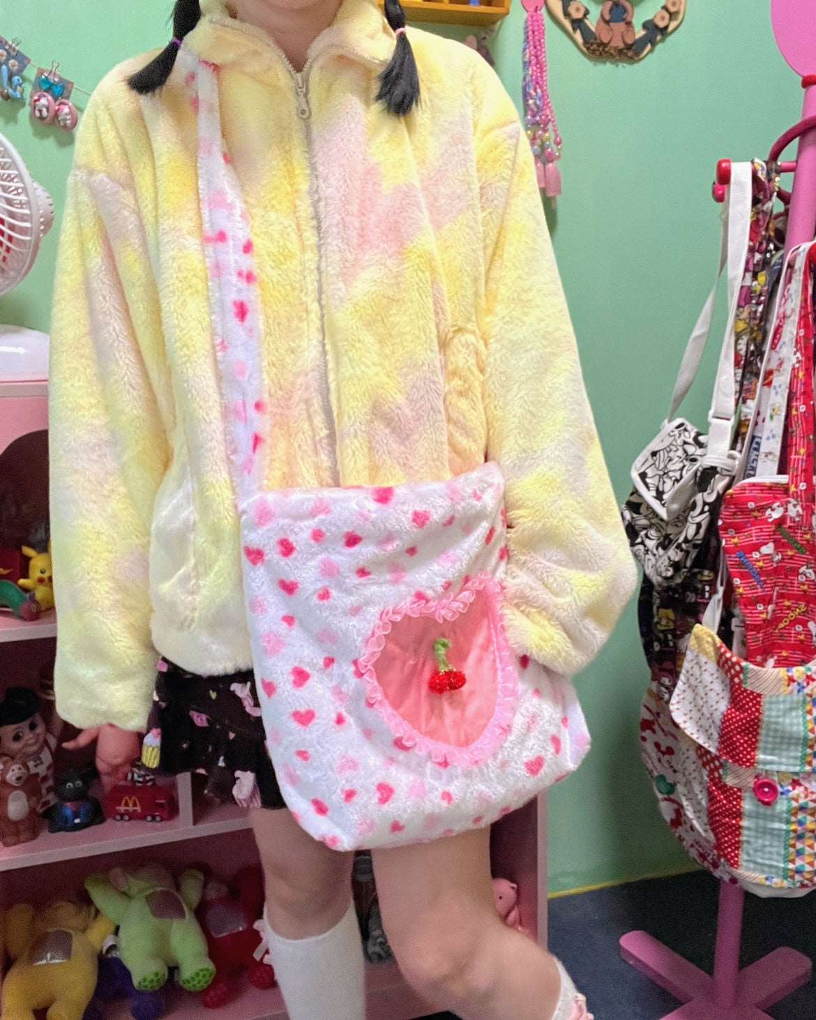 Cherry Pink Heart Love Harajuku Crossbody Plush Bag Tote