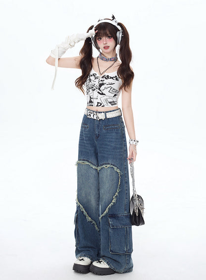 Crazy Girl Y2K Heart Blue Black Wide Leg Denim Jeans