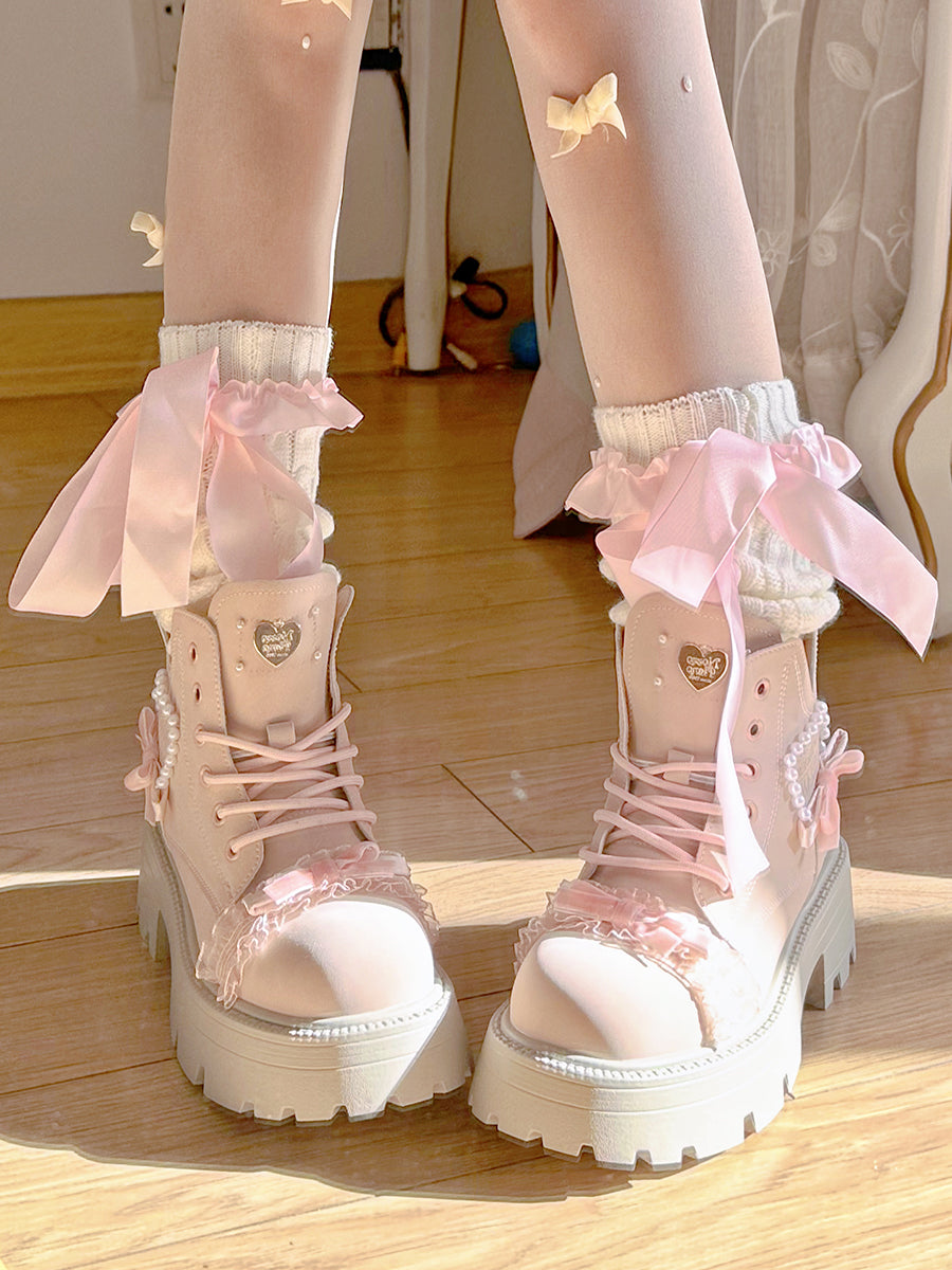 Pinky Sweet Knight Bow Pearl Light Pink Winter Snow Boots Shoes