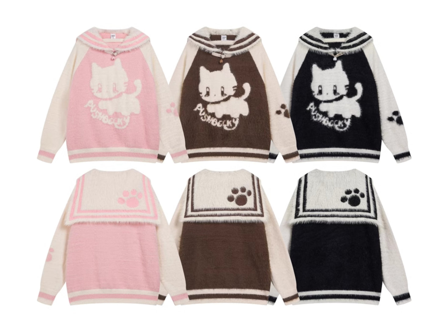 Young Eyes Lazy Cat Sailor Collar Black Brown Pink Fuzzy Sweater