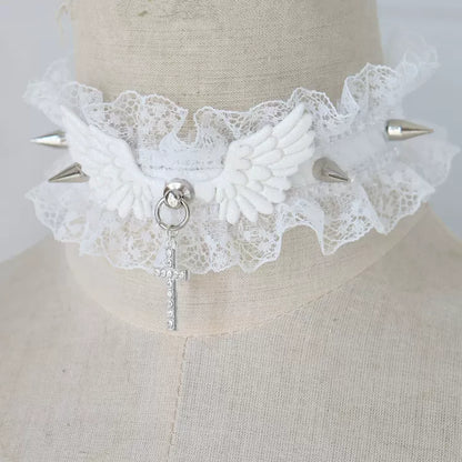 White Black Wings Coquette Cross Lace Choker Necklace