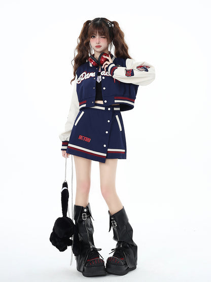 Crazy Girl Navy Blue Retro Baseball Jacket Skirt Two Piece Set