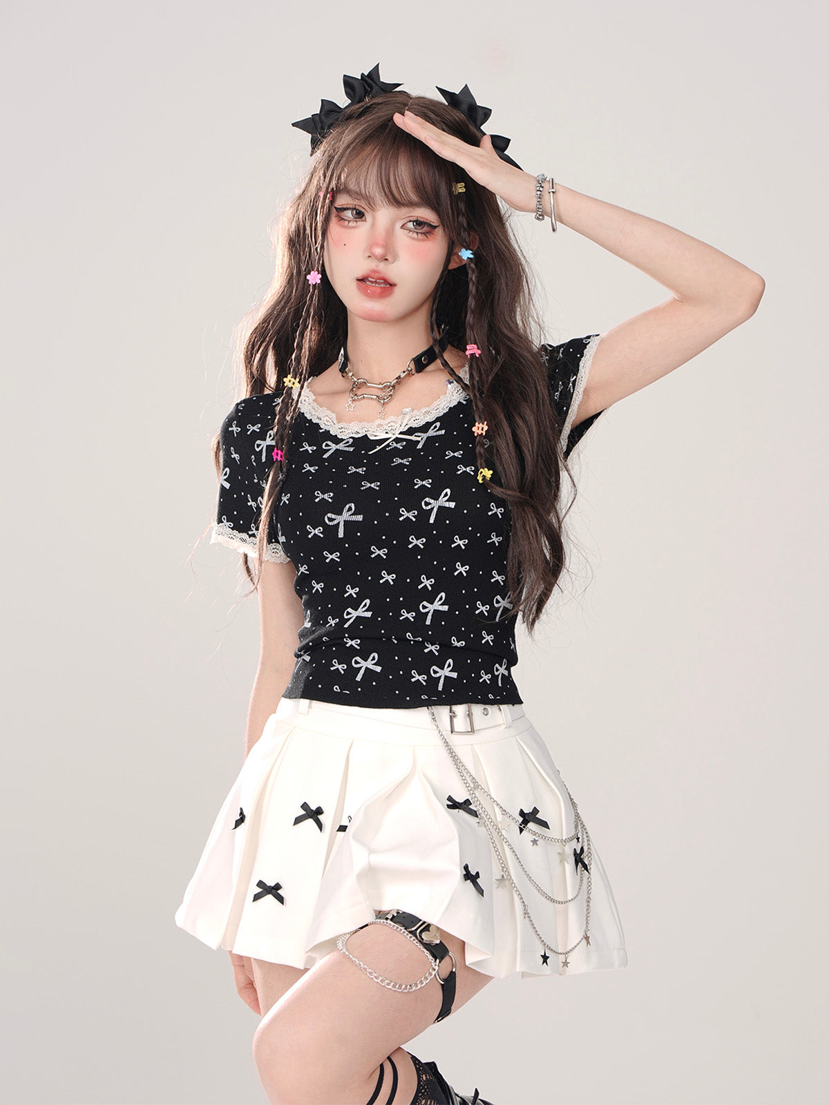 Young Eyes Coquette Bow Pink White Black Shirt Top