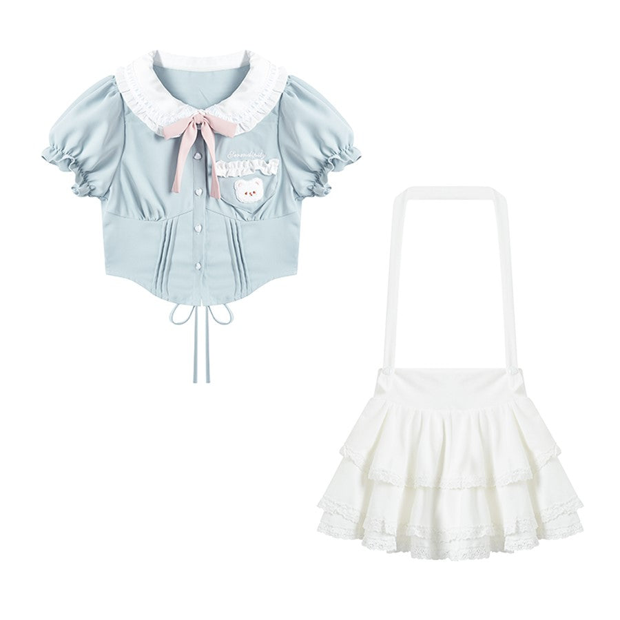 Serendipity Coquette White Doll Collar Bear Blue Puff Sleeve Shirt & White Ruffled Suspender Mini Skirt Two Piece Set