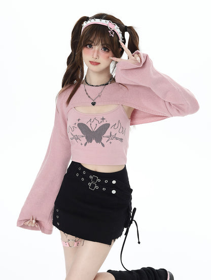 Crazy Girl Law of Attraction Butterfly Gray Pink Camisole Knit Shirt Two Piece Top