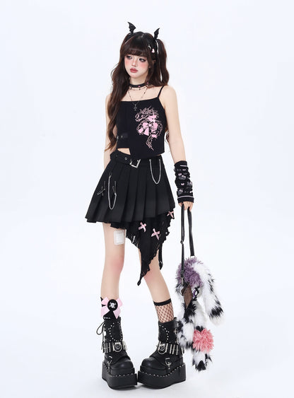 Crazy Girl Black Dragon Bow Camisole Top & Unknown Romance Pleated Skirt Two Piece Set