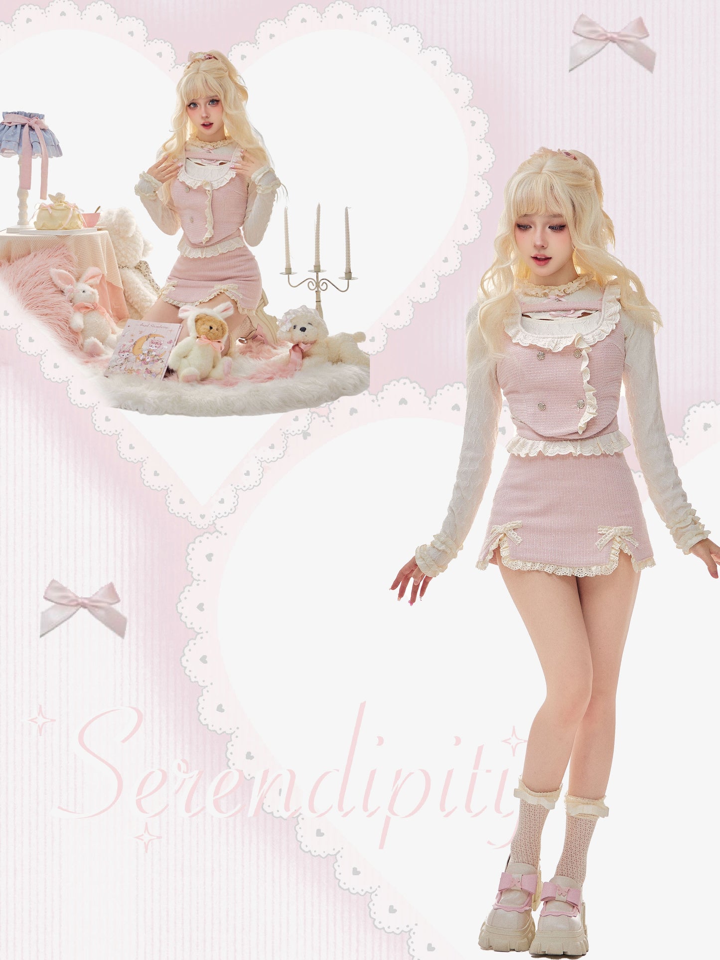 Serendipity Autumn Lady White Shirt Blouse & Tweed Pink Vest & Mini Skirt Three Piece Set