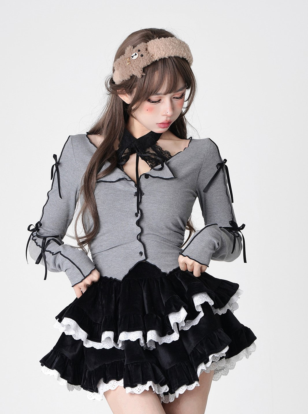 Young Eyes Gray Bow Shirt Top & Corduroy Black Ruffled Cake Skirt Two Piece Set