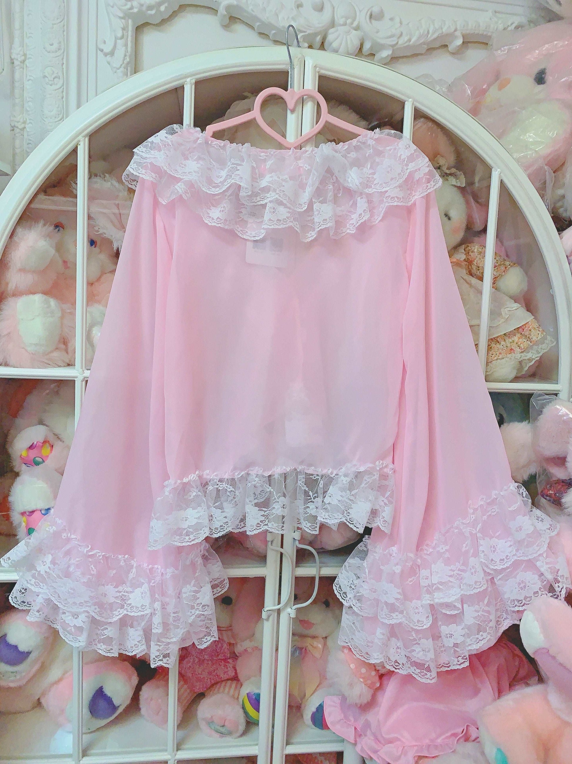 Candy Fairy Sheer See Through Pink Ruffled Trumpet Sleeve Cardigan