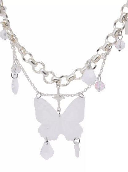 Butterfly Cross White Crystal Star Multi Layer White Angel Necklace