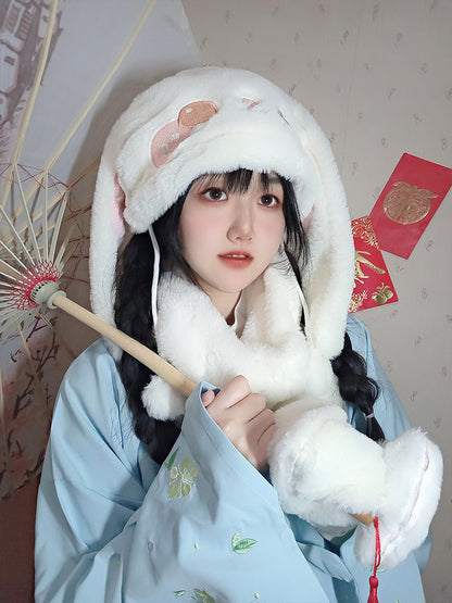 Cute White Rabbit Hanfu Lolita Style Winter Hat Pocket Scarf Set