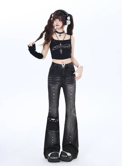 Crazy Girl Retro Black Gray Denim Flared Jeans