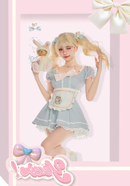 Serendipity Cute Farm Girl Blue Maid Cosplay Sweet Dress & Apron Two Piece Set