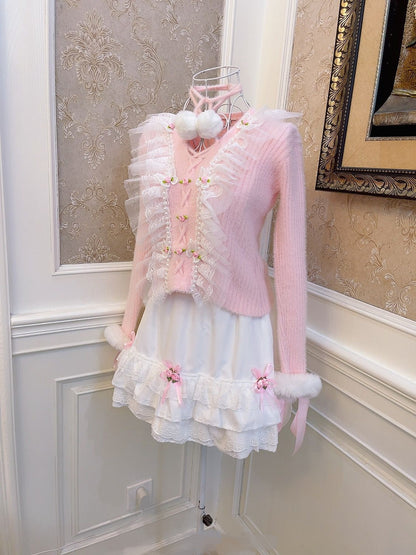 Sweetheart Princess Rose Lace Furball Mohair Plush Pink Knit Sweater