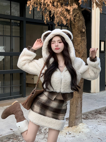 Plaid Beige White Brown Cute Fall Winter Bear Ears Hooded Jacket Skirt Two Piece Set