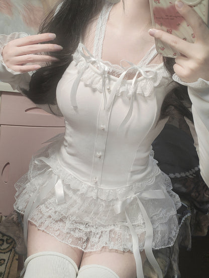 White Bow Lace Coquette Angel Square Neck Shirt Top