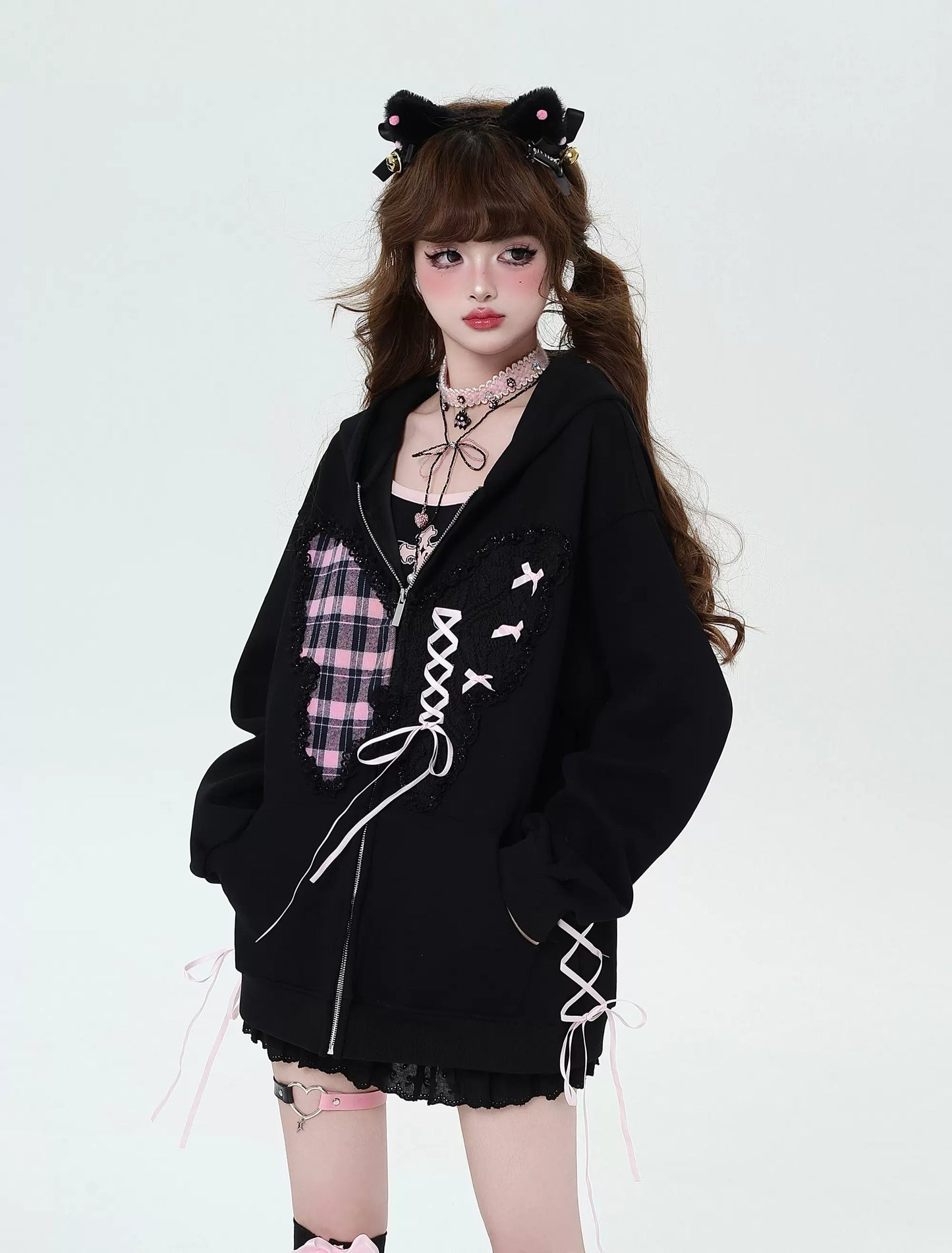 Crazy Girl Plaid Lace Pink Black Jacket Hoodie