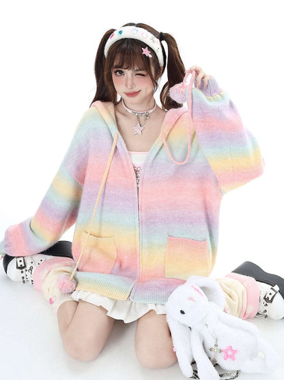 Crazy Girl Bunny Rabbit Ears Knit Rainbow Colorful Pink Black Zipper Sweatshirts Hoodie