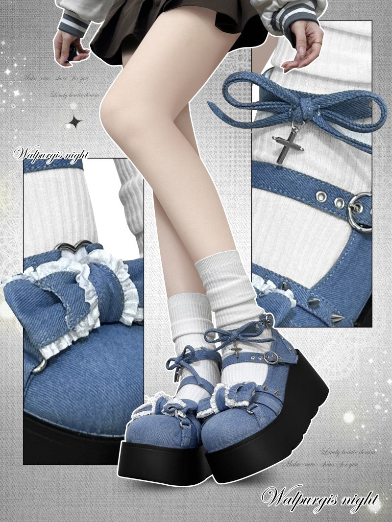 Walpurgis Night Pink White Blue Black Denim Gothic Lolita Shoes