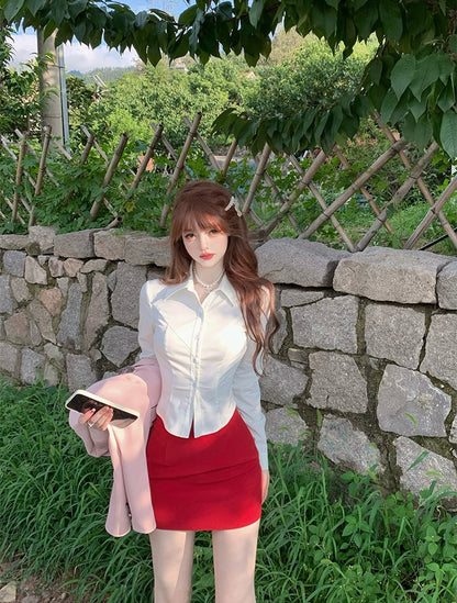 Lazy Girl Sweet Academia Pink Blazer White Shirt Red Skirt Three Piece Set