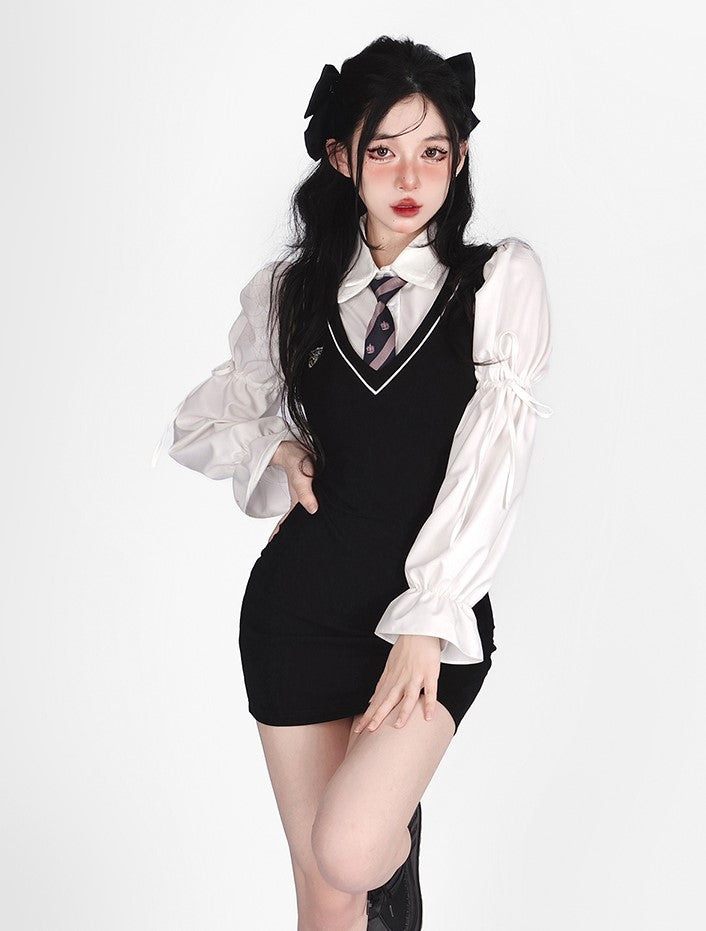 Young Eyes Preppy College School Girl Academia Black & White Shirt Dress Two Piece Set