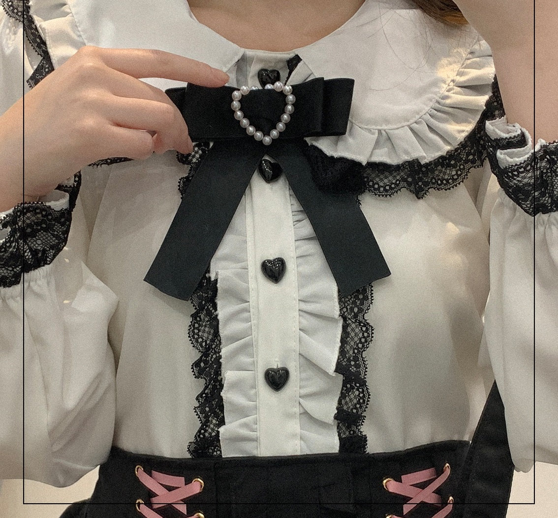 Kitten Bullet Jirai Kei Love Craft Lace Doll Collar Pink Black White Shirt Blouse