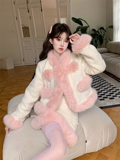 Winter Elegant Lady Pink Fur Edges Cuffs White Jacket & Skirt Two Piece Set