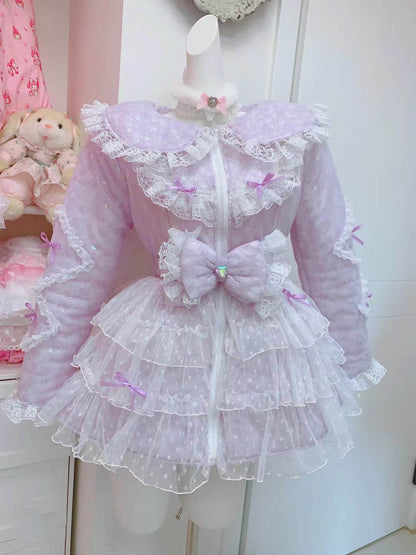 Candy Fairy Pink Blue Purple Lace Sailor Collar Ruffle Winter Padded Puffer Jacket Coat Dress