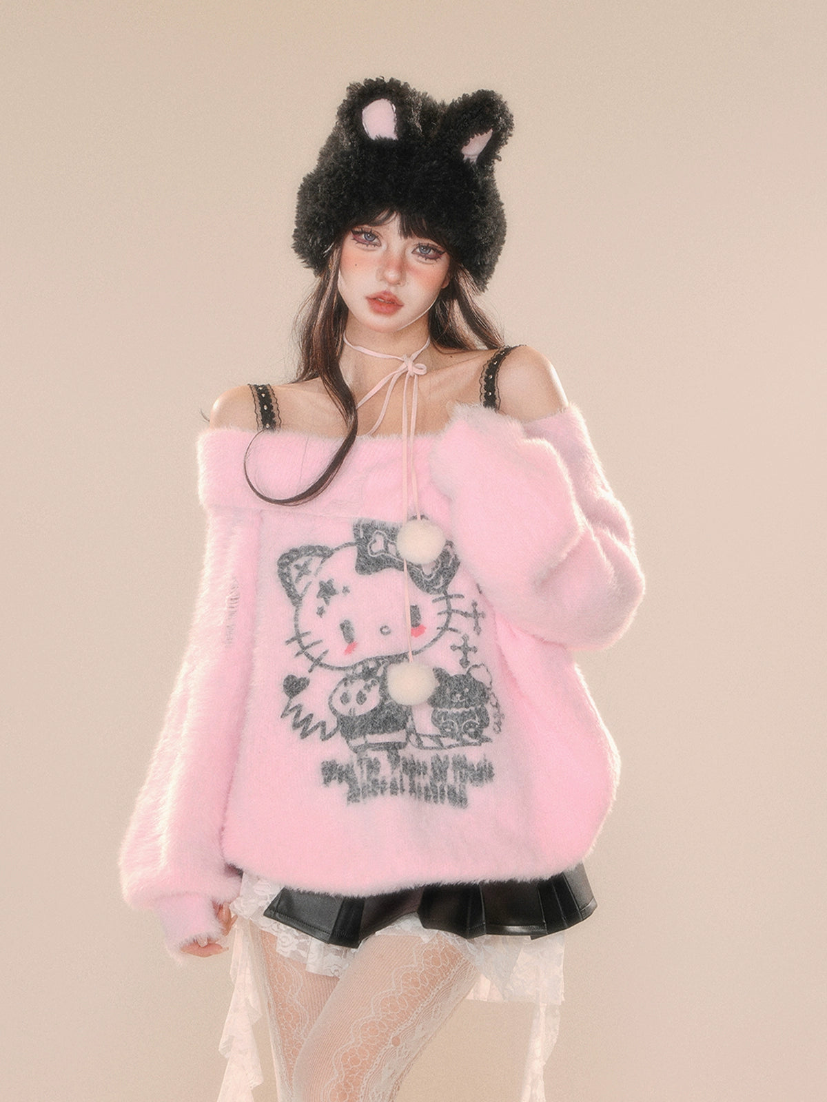 Young Eyes Cupid Kitty White Pink Off Shoulder Fuzzy Sweater