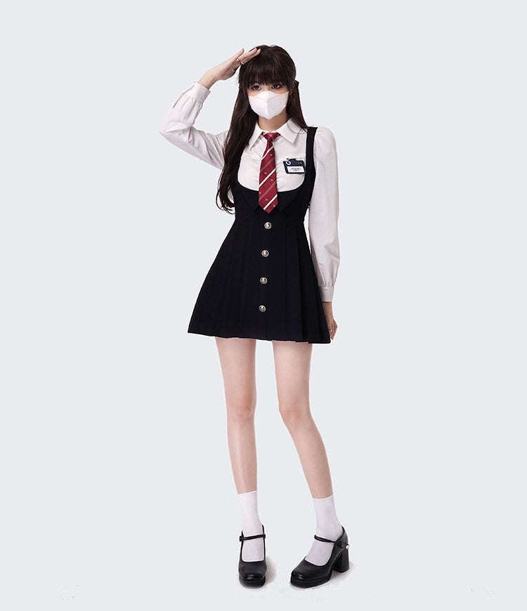 Monet Campus Heroine Dark Academia Fall Navy Blue Fake Two Piece Suspender Dress