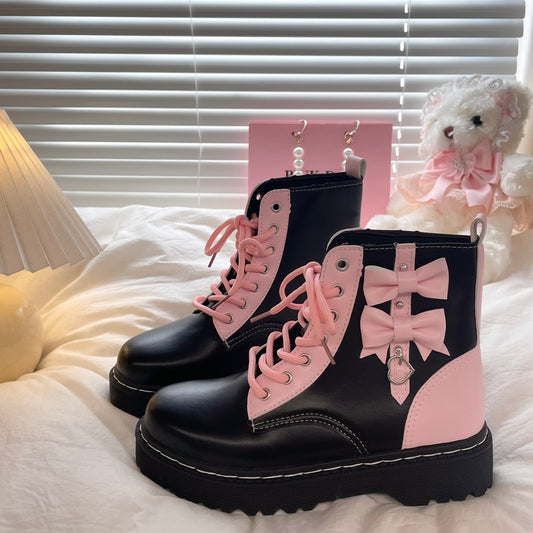 Pink Bows Black Platform Combat Boots