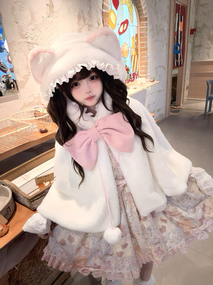 Lolita Meow Meow Car Ears White Plush Jacket Cape