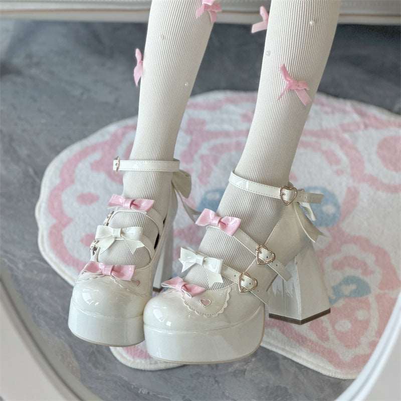 Cookie Sauce Love Butterfly Tripe Straps Black White Pink Blue High Heels Shoes