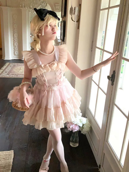 Picnic Girl Sweet Pink Peach Fairy Strap Dress