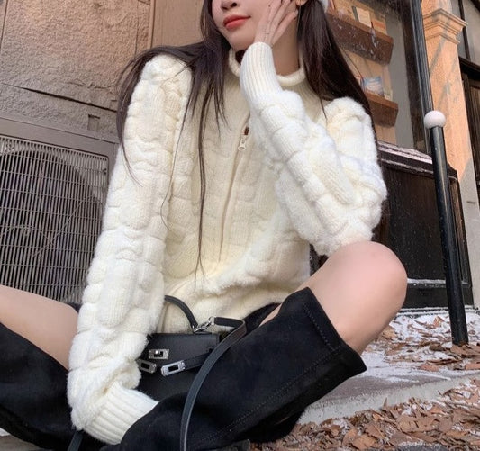 Winter Turtleneck Plush White Zipper Sweater Jacket