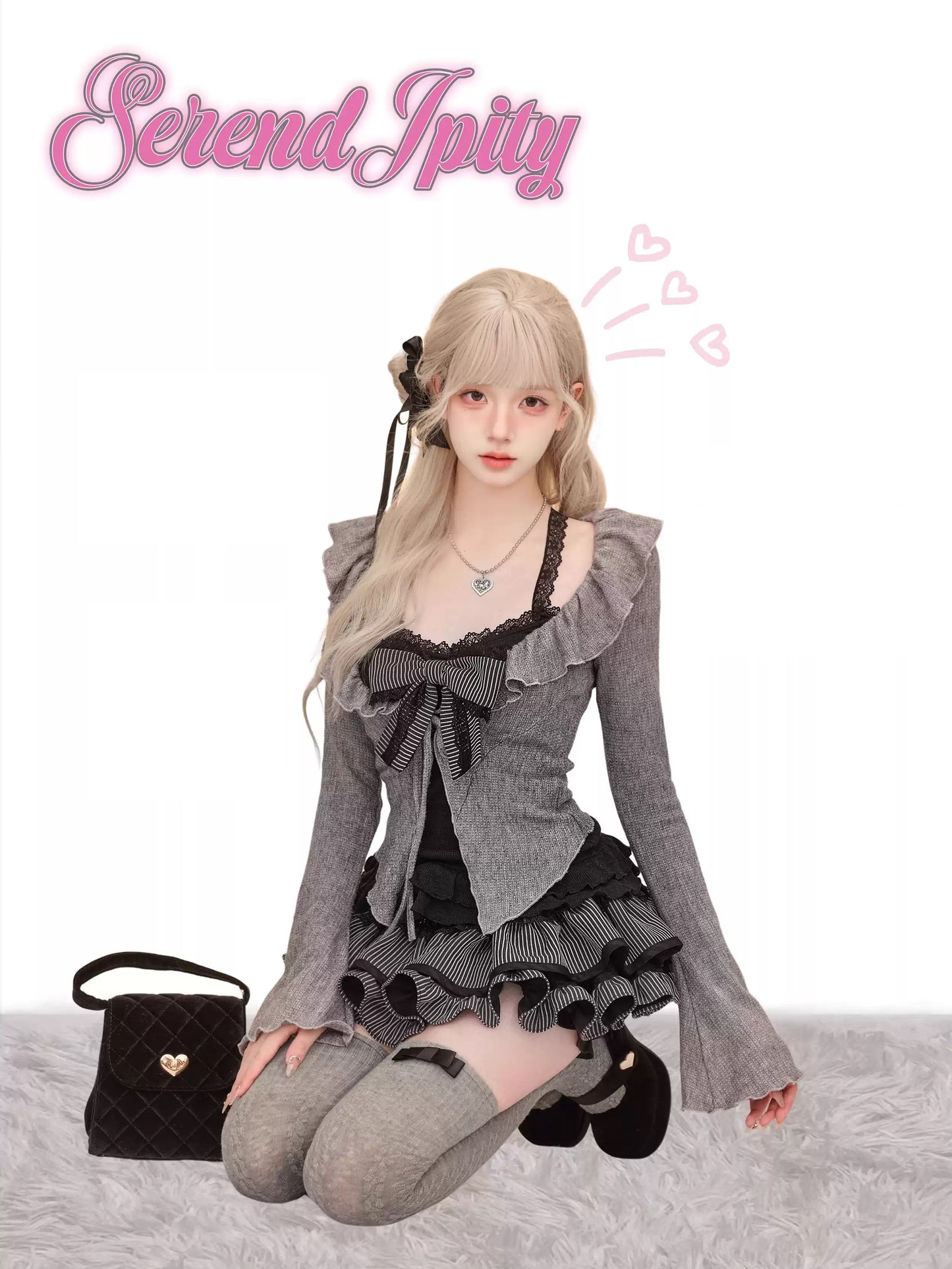 Serendipity Twilight Songbook Black Camisole & Skirt & Gray Cardigan Three Piece Set