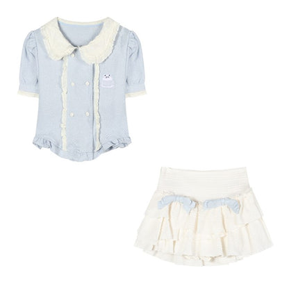 Serendipity Coquette Bear Doll Collar Blue Puff Sleeve Shirt & White Tutu Mini Skirt Two Piece Set