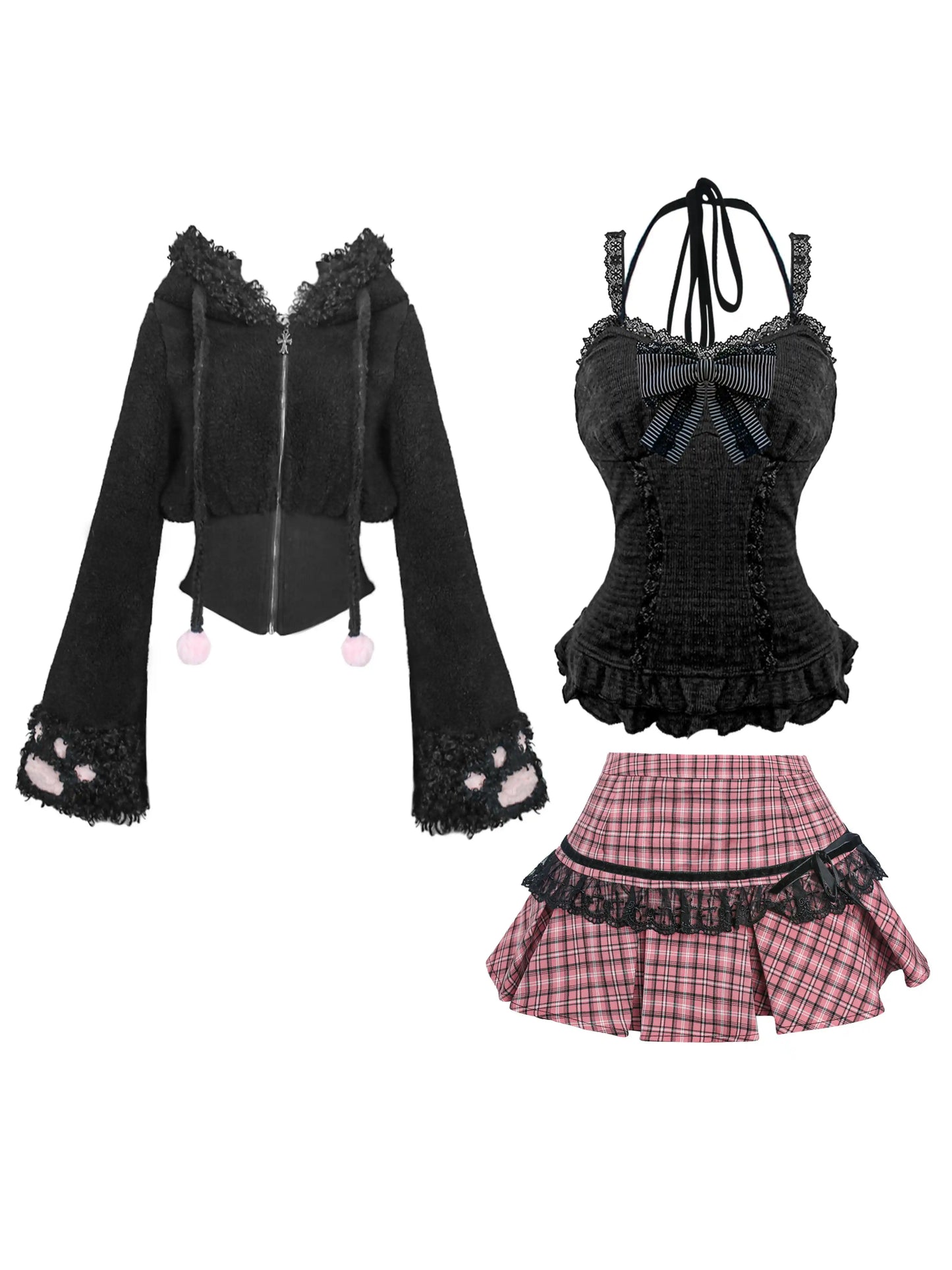 Serendipity Comic Rebellious Cat Black Jacket & Cami & Pink Plaid Skirt Three Piece Set