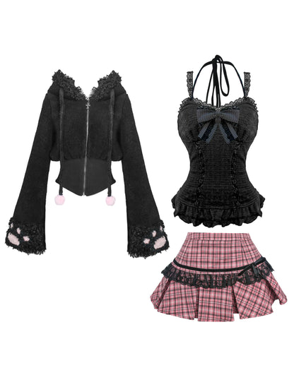 Serendipity Comic Rebellious Cat Black Jacket & Cami & Pink Plaid Skirt Three Piece Set