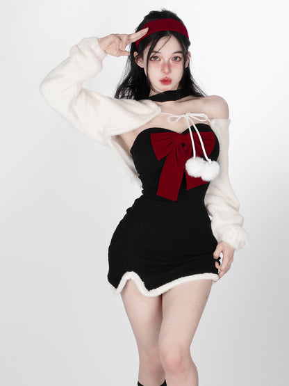 Young Eyes Sexy Black Bondycon Red Bow Black Dress & White Pompom Jacket Winter Two Piece Set