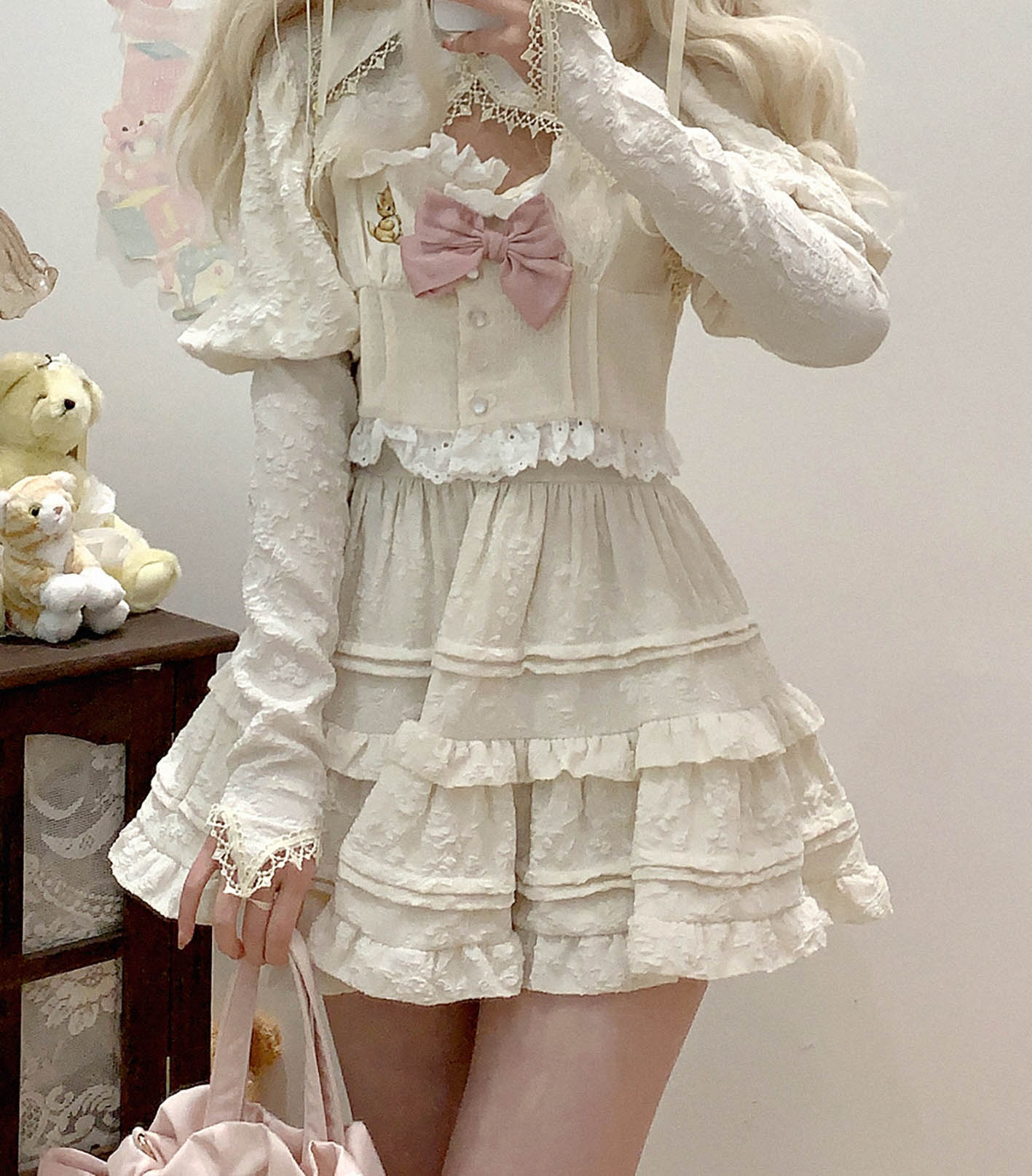 Dormir Doll Cute Cat Bow Lace Coquette White Camisole Top