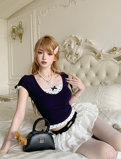 Young Eyes Gray & Navy Blue Coquette Lace Shirt Top