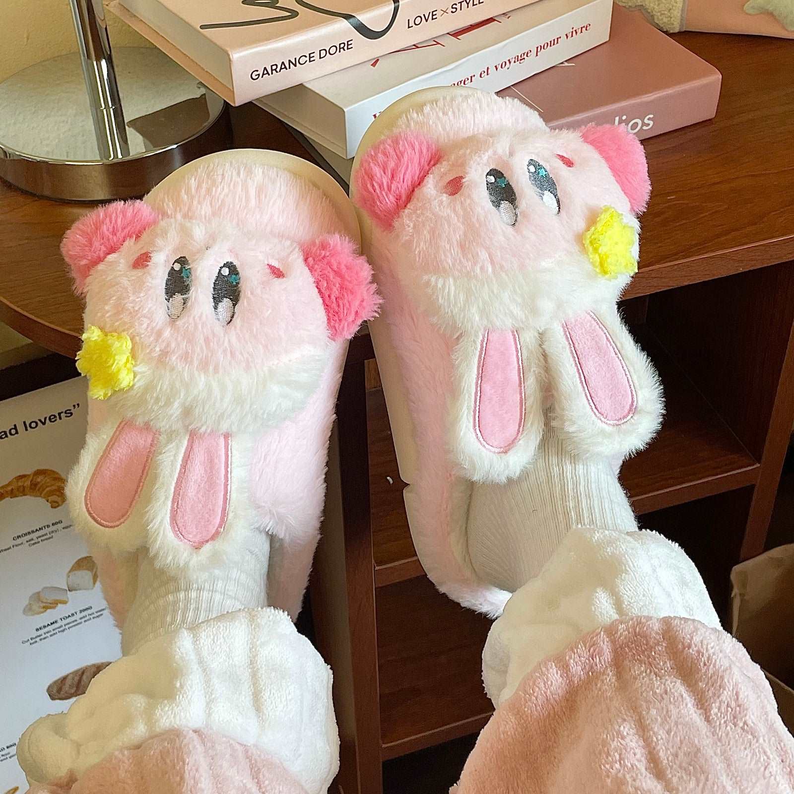 Cartoon Rabbit Ears Stars Pink Plush Fluff Slippers Shoes